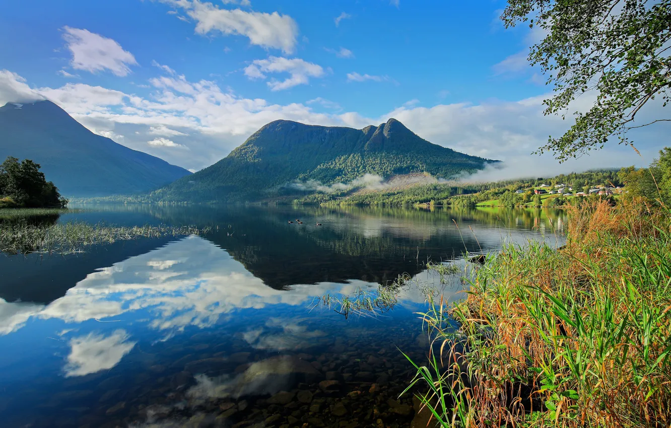Photo wallpaper clouds, mountains, nature, reflection, dawn, beauty, Norway, space