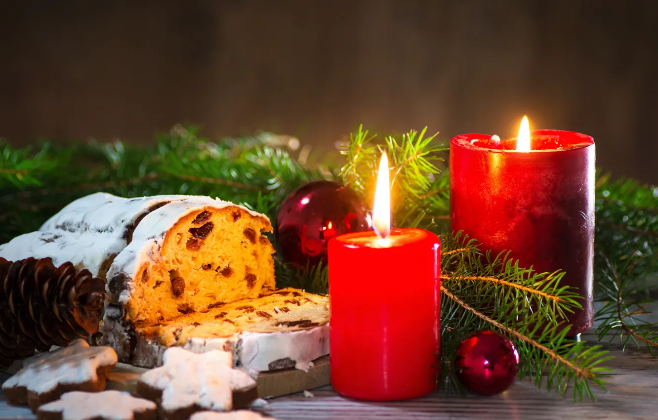 Photo wallpaper new year, candles, cookies, cupcake, fir-tree branches, treats