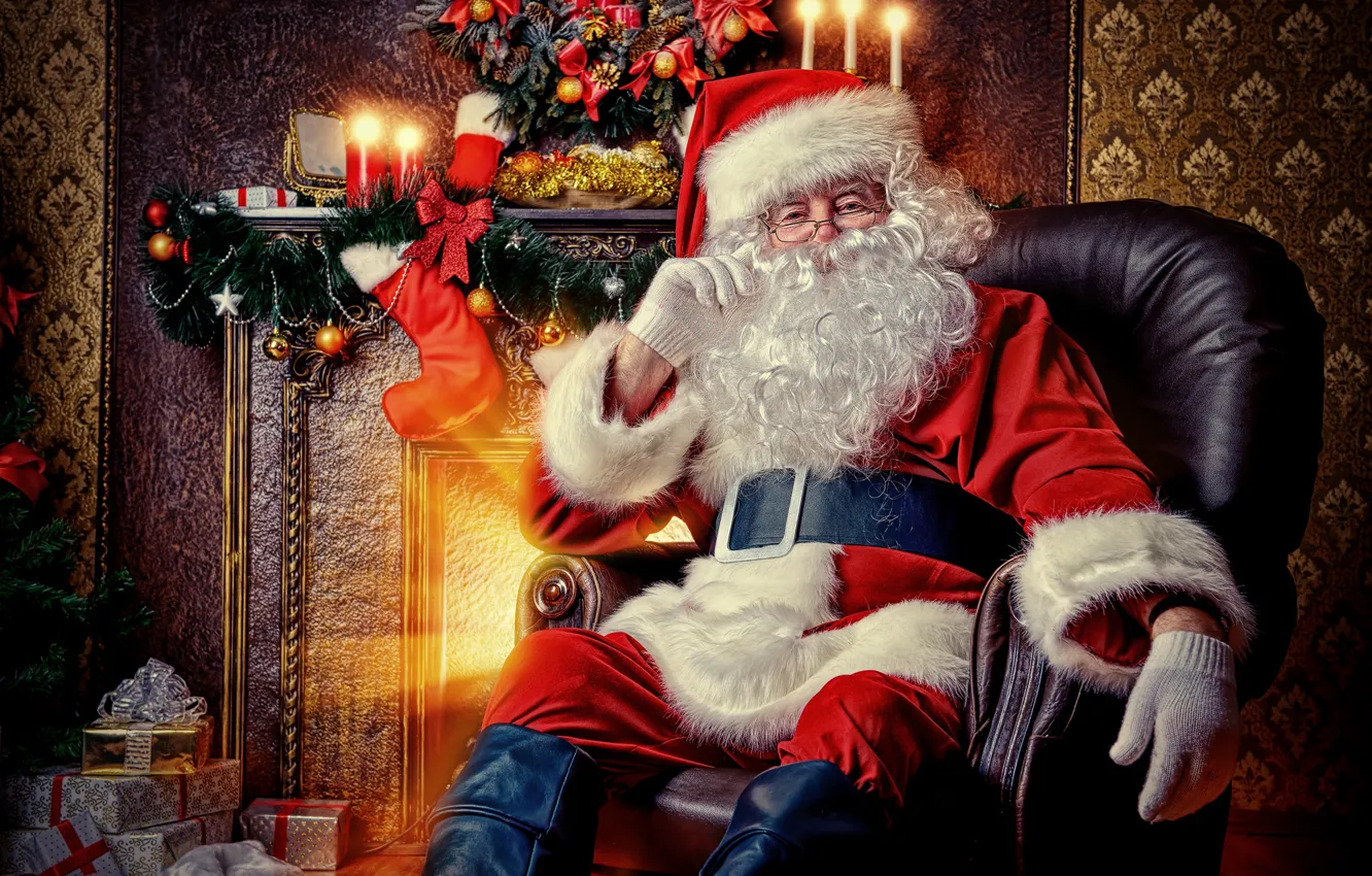 Photo wallpaper gift, new year, chair, candles, Christmas, fireplace, Santa Claus