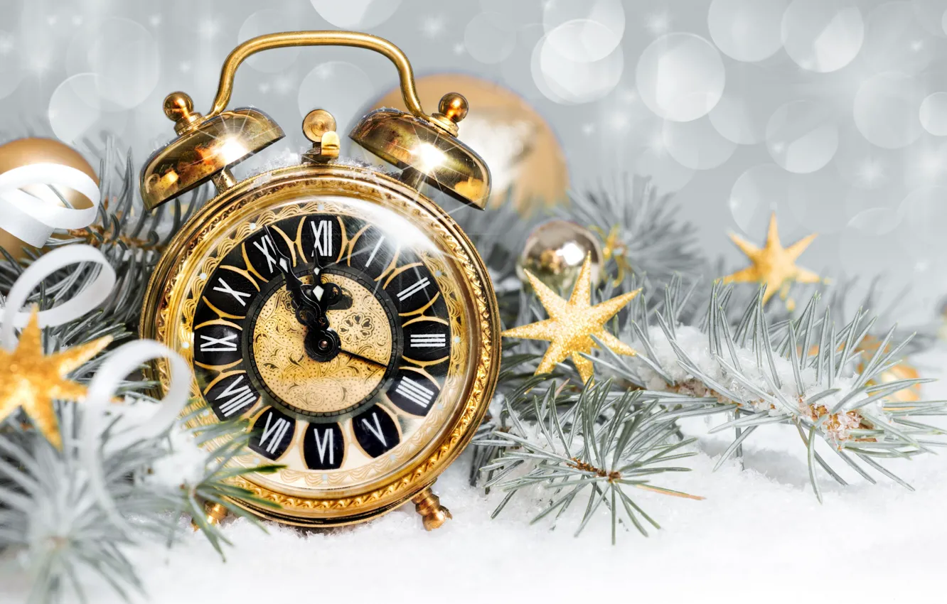 Photo wallpaper snow, holiday, watch, new year, fir-tree branches