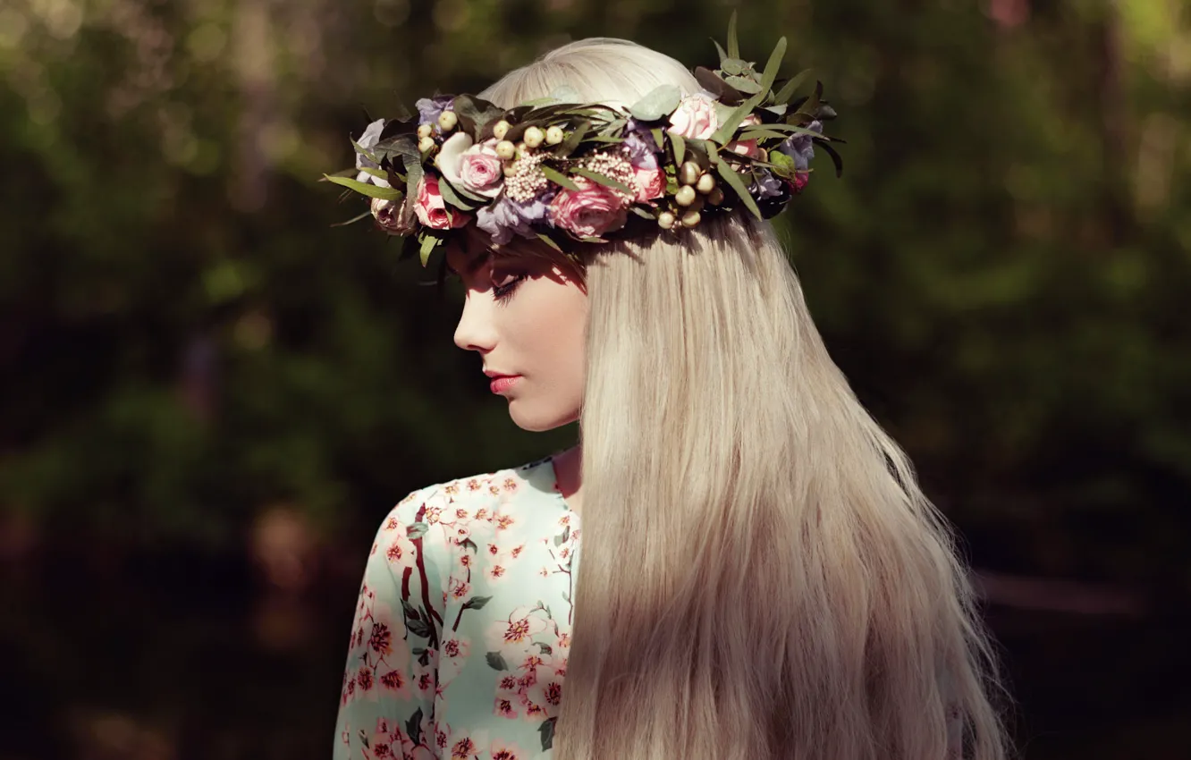 Photo wallpaper girl, flowers, hair, portrait, blouse, beautiful, wreath, bokeh