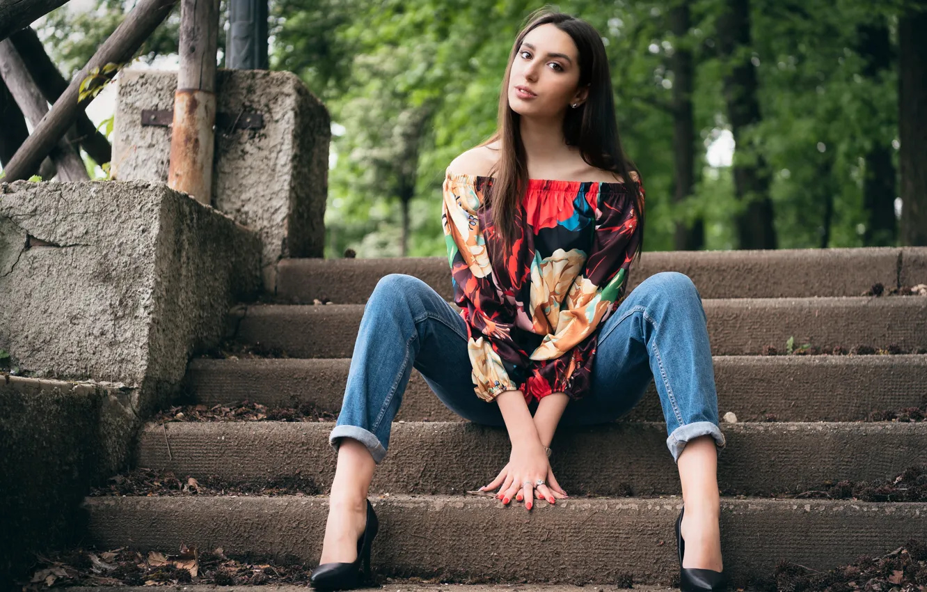Photo wallpaper look, hair, jeans, blouse, alessandra, legs, sitting