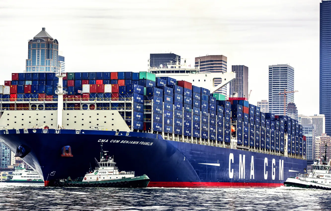 Photo wallpaper The city, The ship, Benjamin Franklin, A container ship, Seattle, Tugs, CMA CGM, Vessel