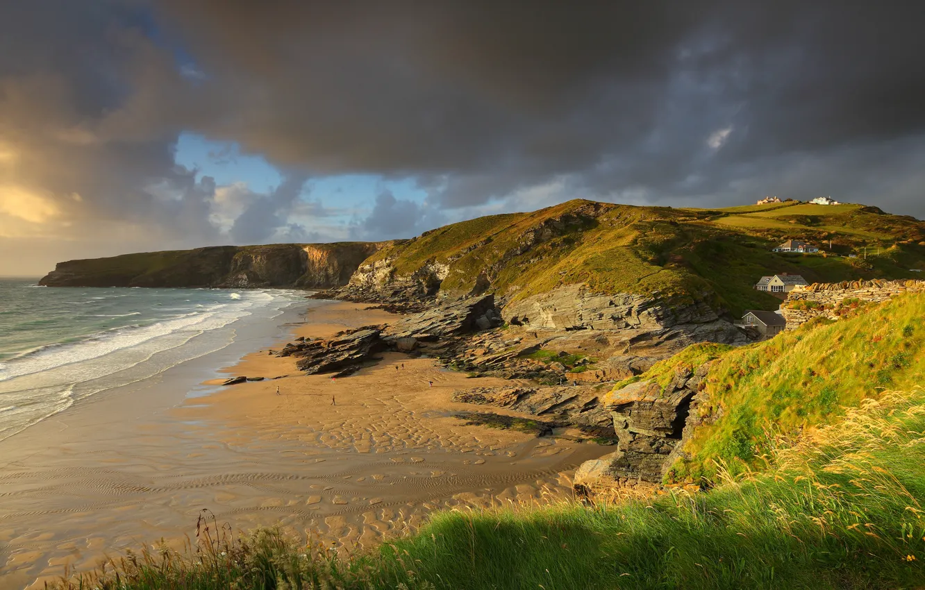 Photo wallpaper sea, beach, summer, the ocean, rocks, shore, people, England