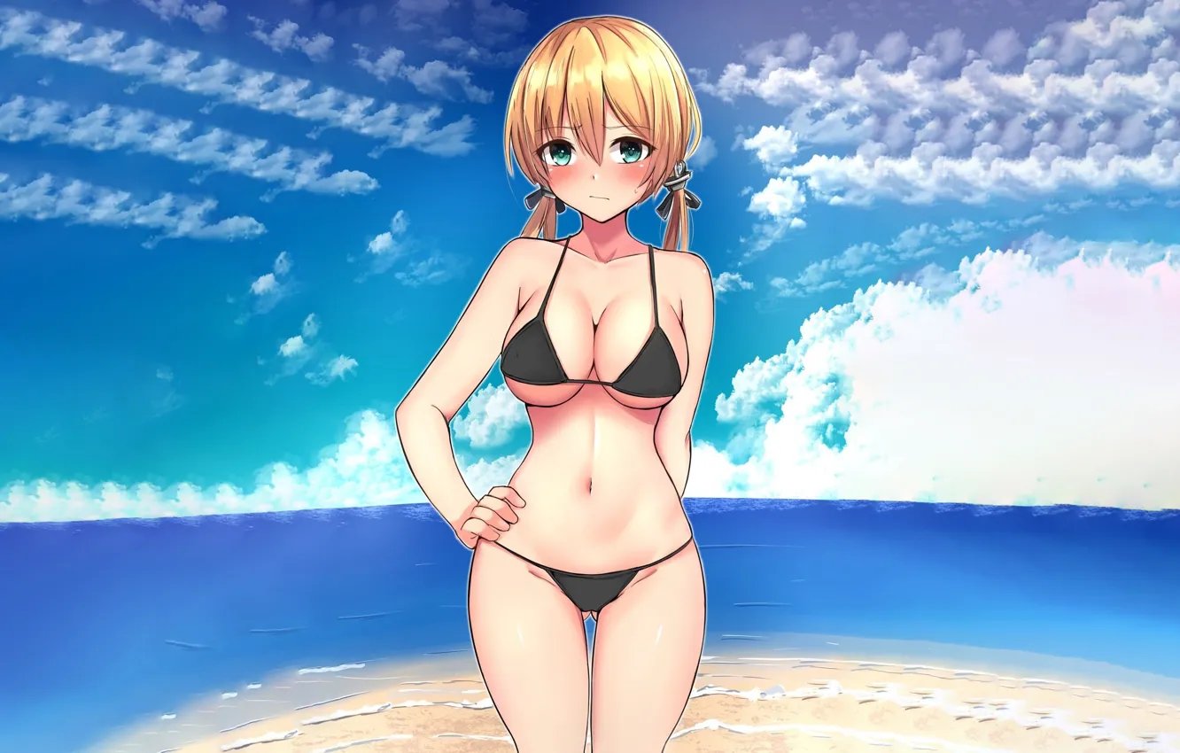 Photo wallpaper girl, sexy, beach, long hair, sea, boobs, anime, beautiful