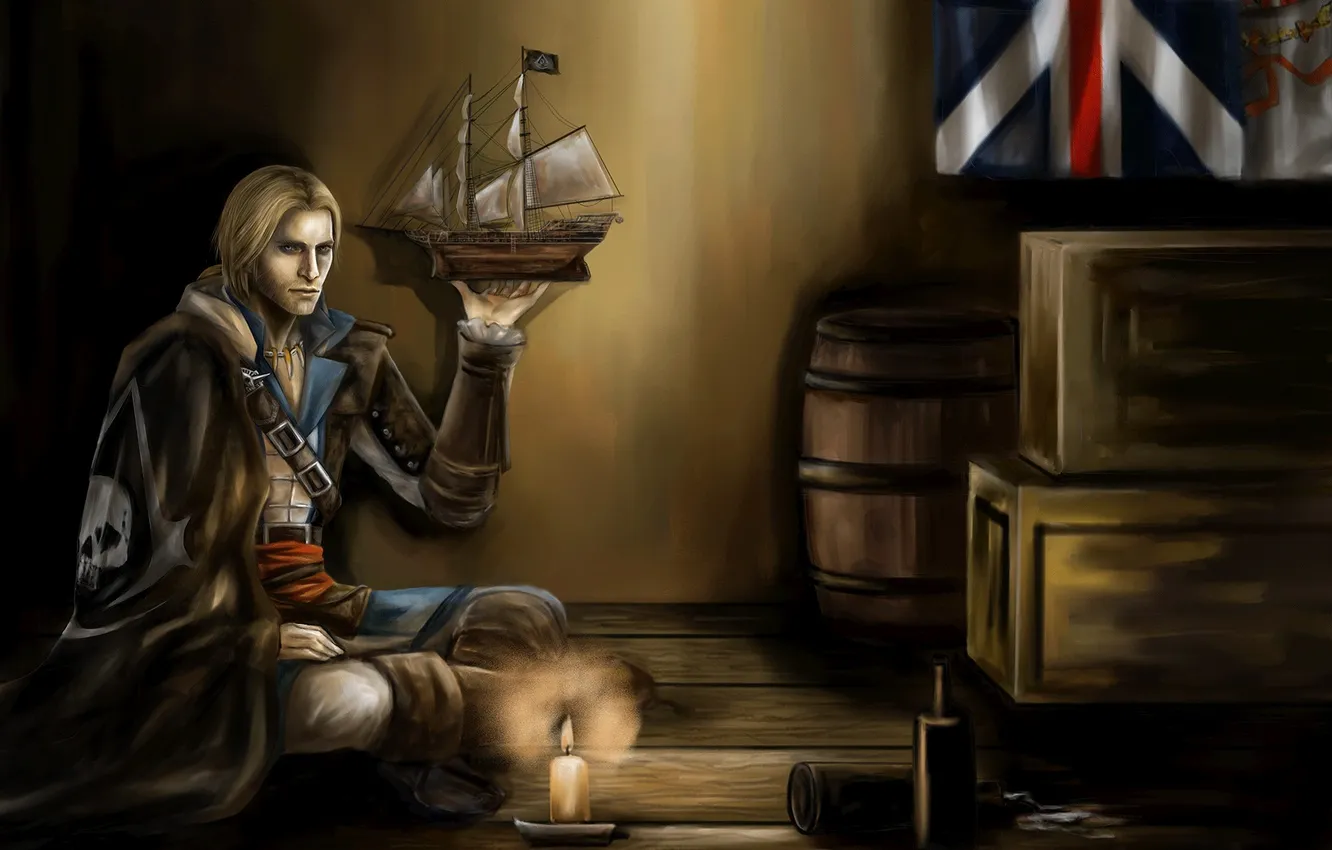 Photo wallpaper candles, flag, box, barrel, assassin, Edward, kenway, Black Flag