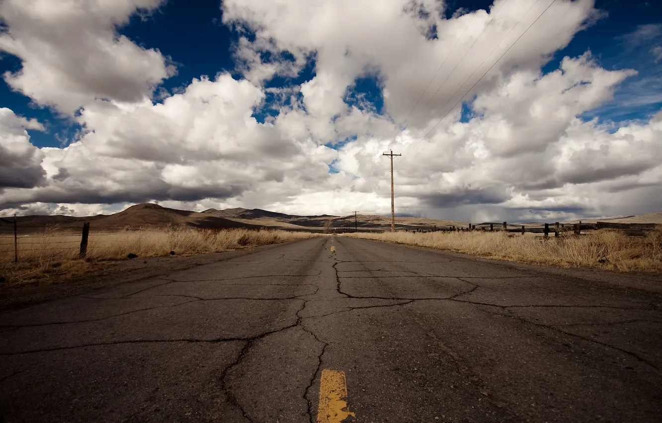 Photo wallpaper road, the sky, clouds, cracked, background, hills, Wallpaper, track