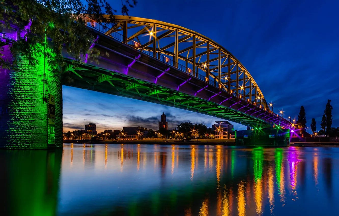 Photo wallpaper bridge, glare, river, Netherlands, night city, Netherlands, Rhine, Rhine River