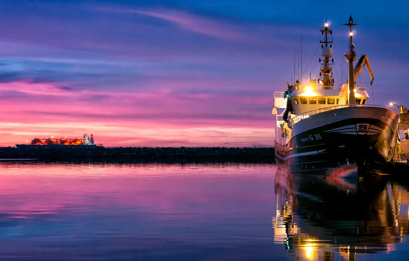 Photo wallpaper sea, the sky, water, sunset, ship