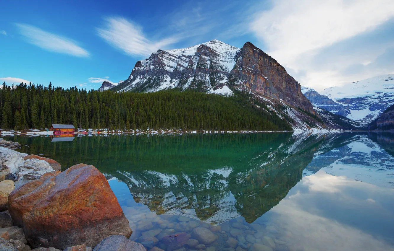 Photo wallpaper forest, mountains, lake, reflection, stones, Canada, Albert, Banff National Park