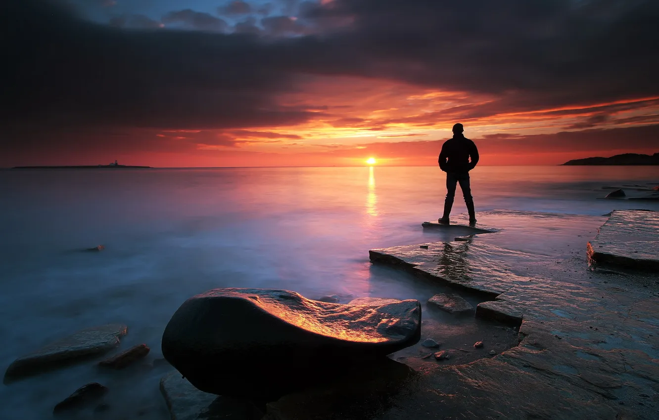 Photo wallpaper sea, landscape, night, silhouette