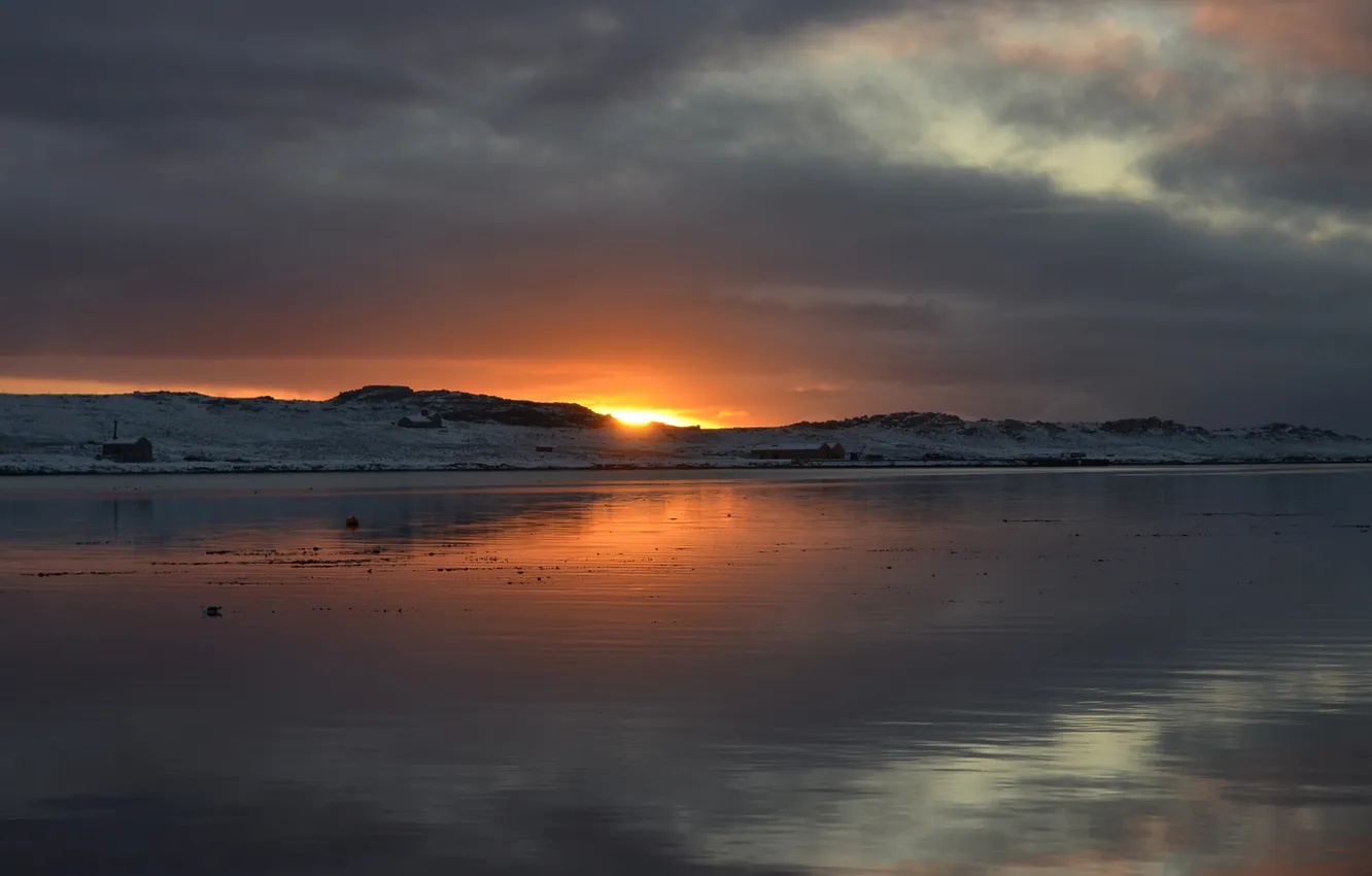 Photo wallpaper the sun, sunset, lake, home, the evening