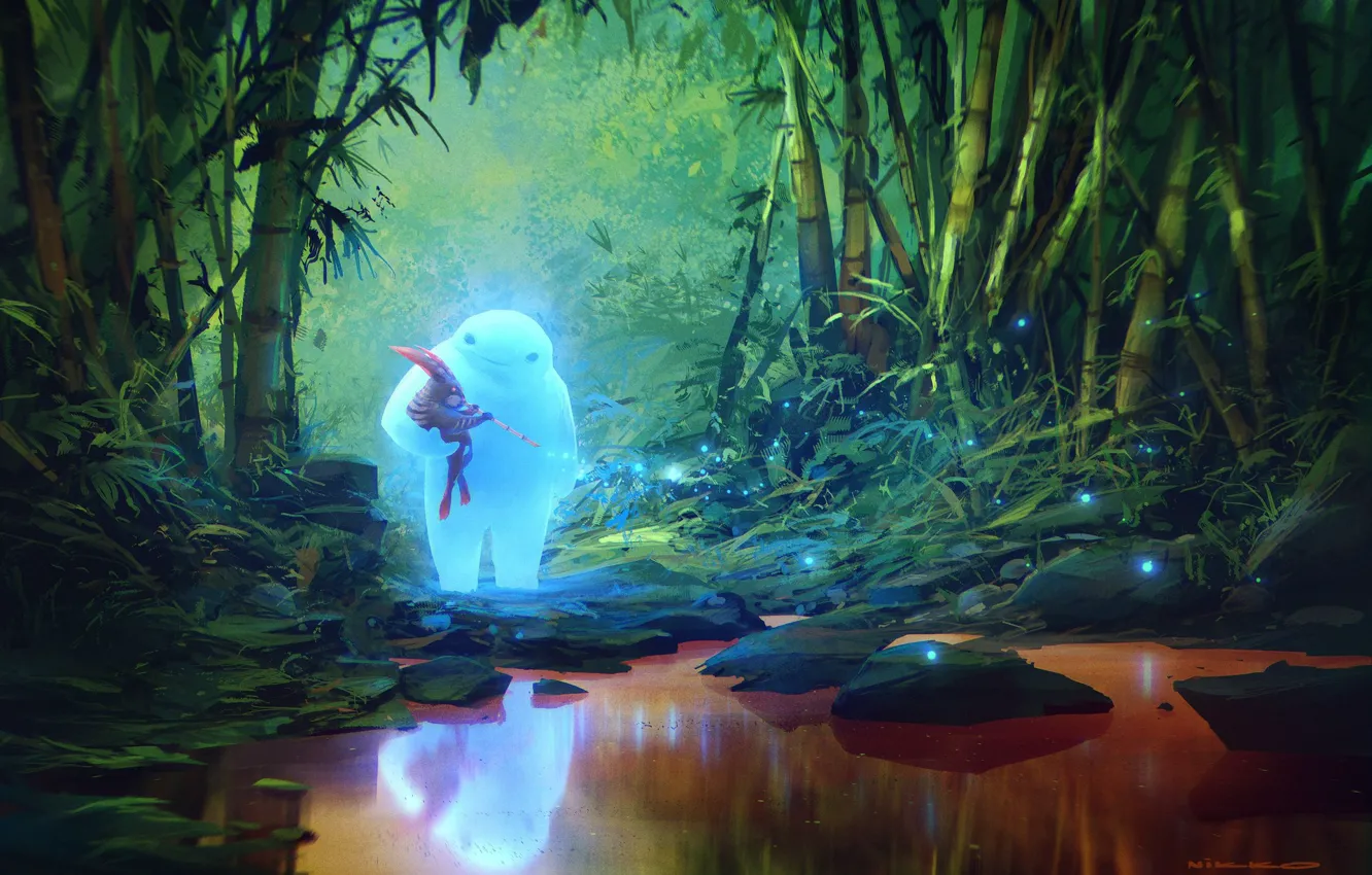 Photo wallpaper forest, puddle, friendship, creatures, BambooFlute New Tutorial
