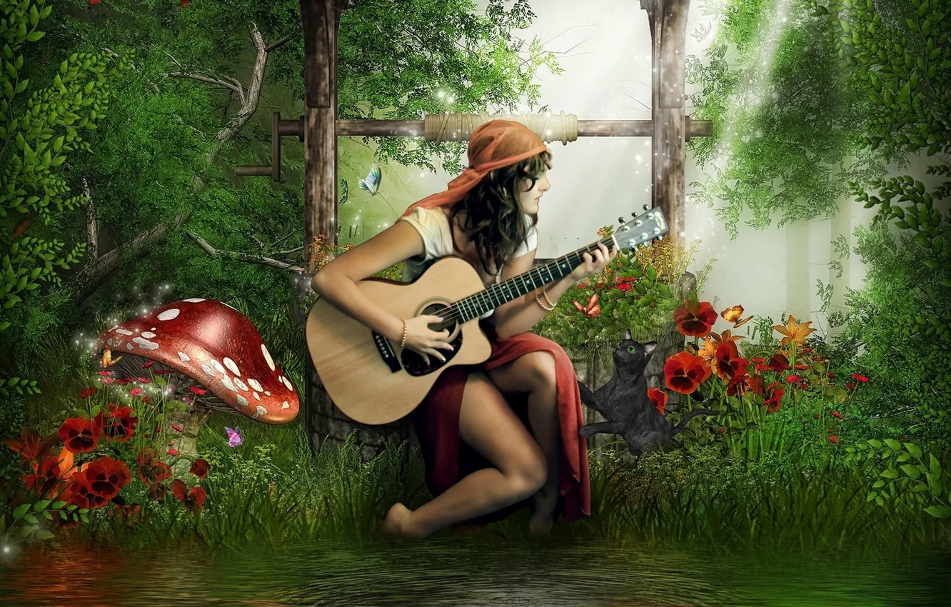 Photo wallpaper cat, girl, guitar, mushroom, brunette, river