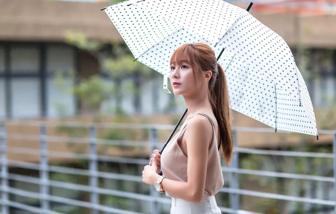 Photo wallpaper girl, umbrella, Asian, cutie