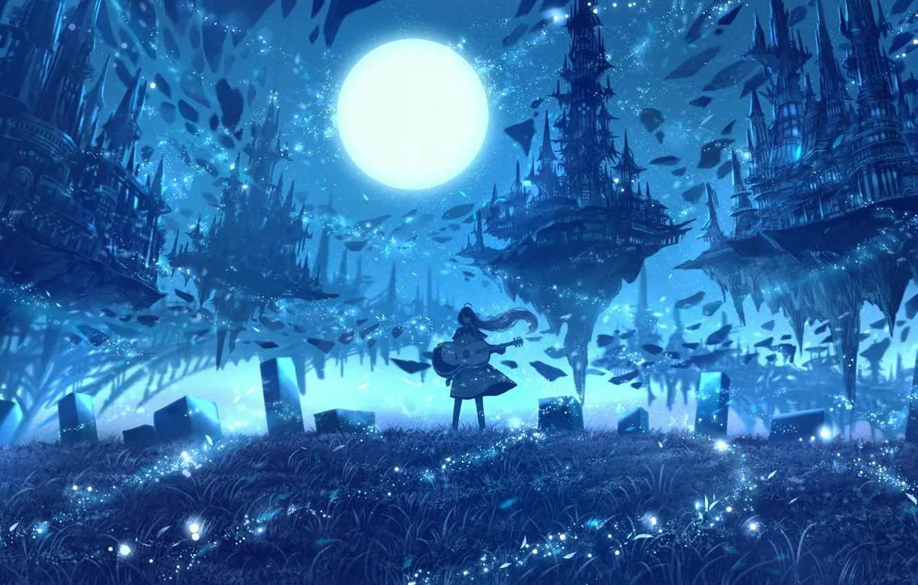 Photo wallpaper girl, night, glade, fantasy, the floating island