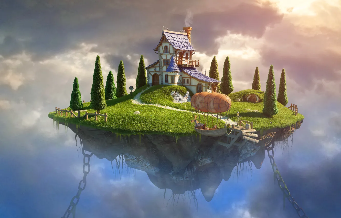 Photo wallpaper the sky, grass, clouds, trees, landscape, house, boat, graphics