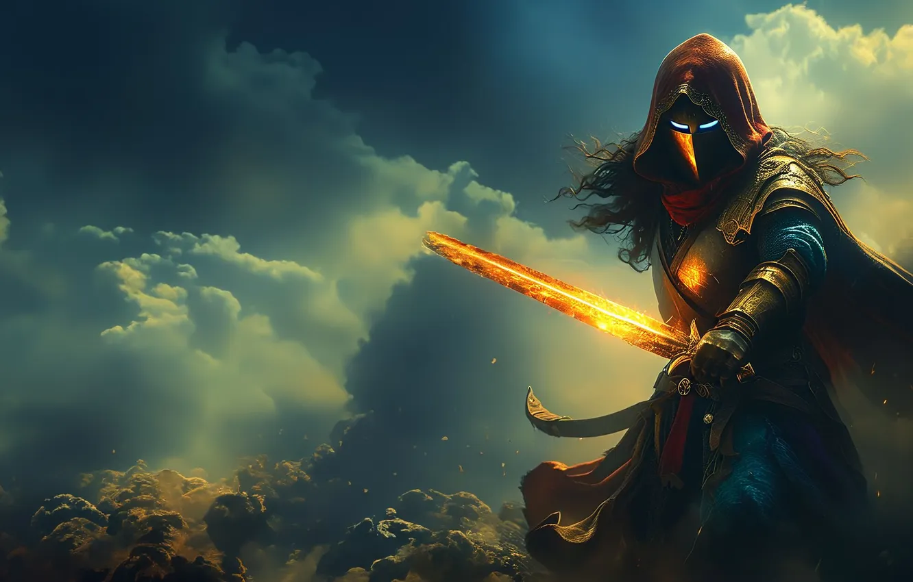 Photo wallpaper the sky, sword, fantasy, helmet