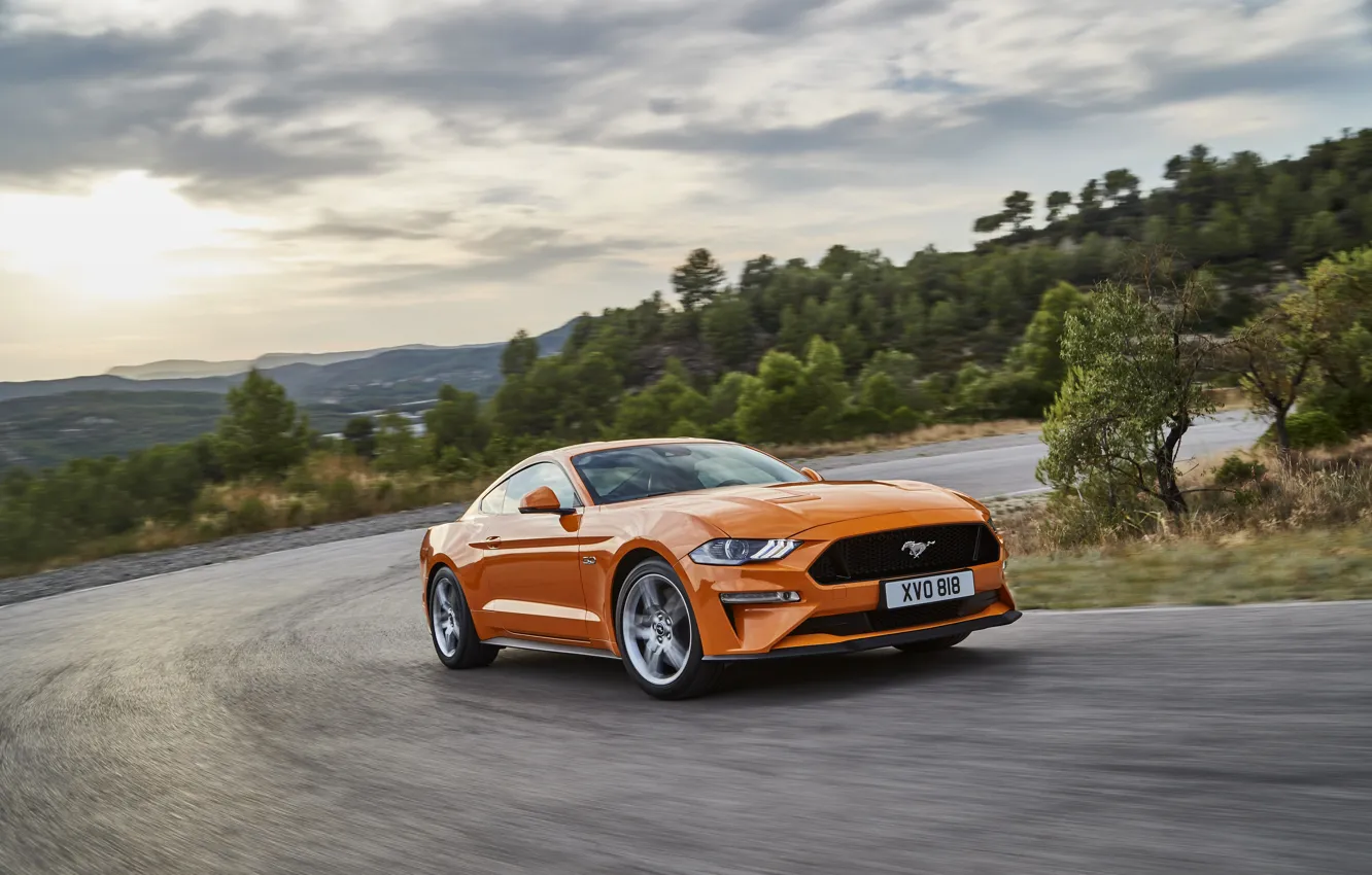 Photo wallpaper orange, movement, Ford, turn, 2018, fastback, Mustang GT 5.0