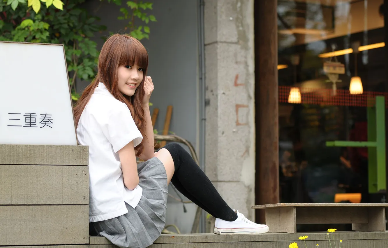 Photo wallpaper girl, woman, model, beauty, asian, Lady, skirt, sneakers