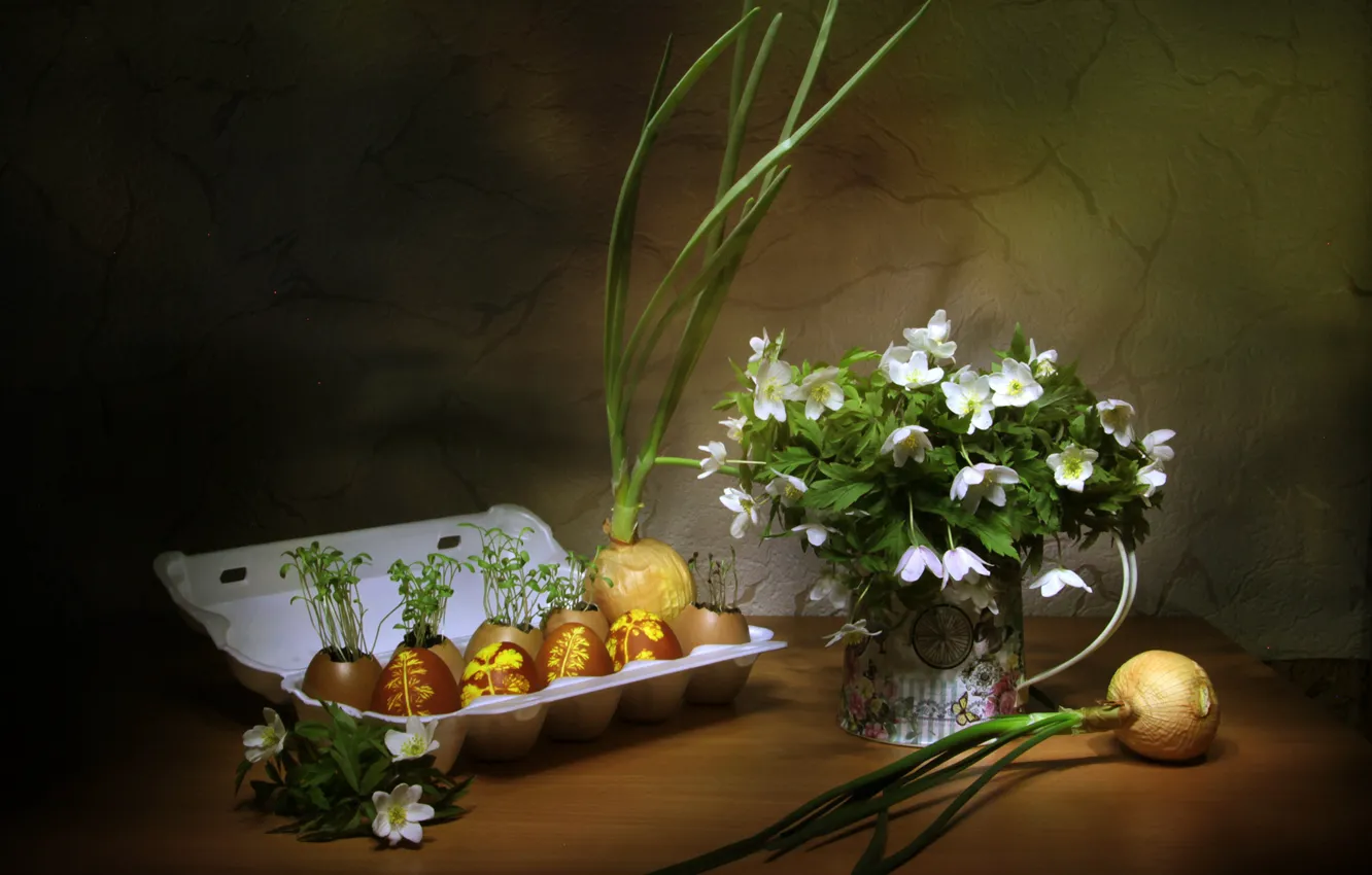 Photo wallpaper flowers, eggs, spring, bow, Easter
