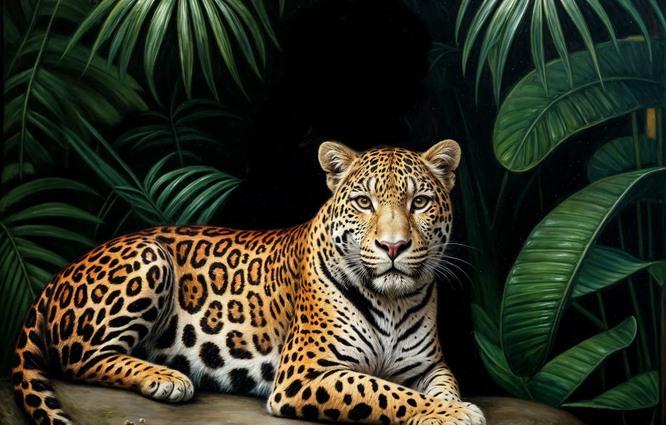 Photo wallpaper look, face, pose, leopard, AI art, neural network