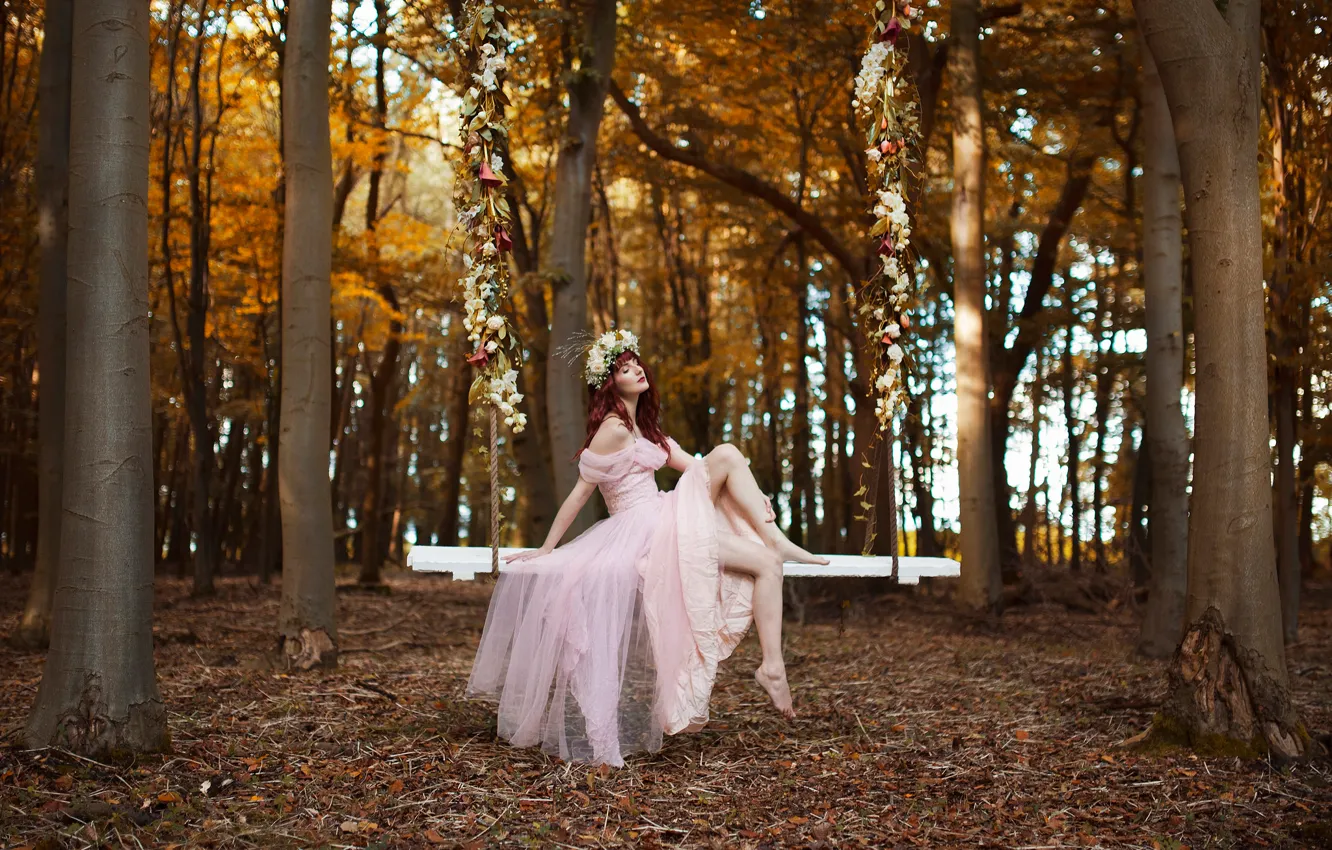 Photo wallpaper forest, girl, swing
