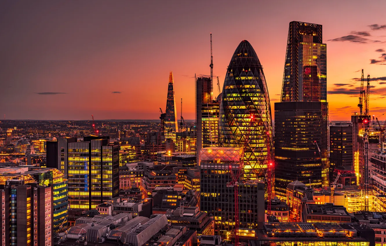 Photo wallpaper sunset, England, London, building, skyscrapers, panorama, night city, London