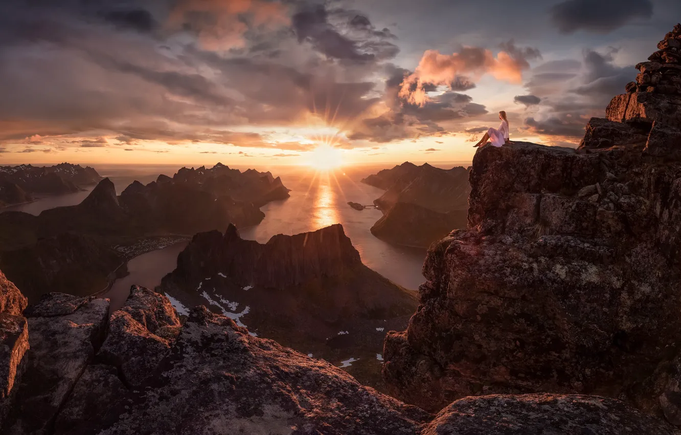 Photo wallpaper sea, the sky, girl, the sun, clouds, rays, light, sunset