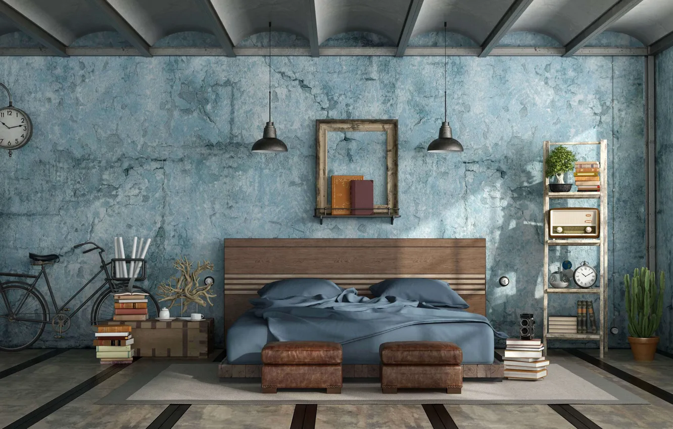 Photo wallpaper room, interior, the scenery, grunge mastern bedroom in industrial style, industrial design, grunge style bedroom