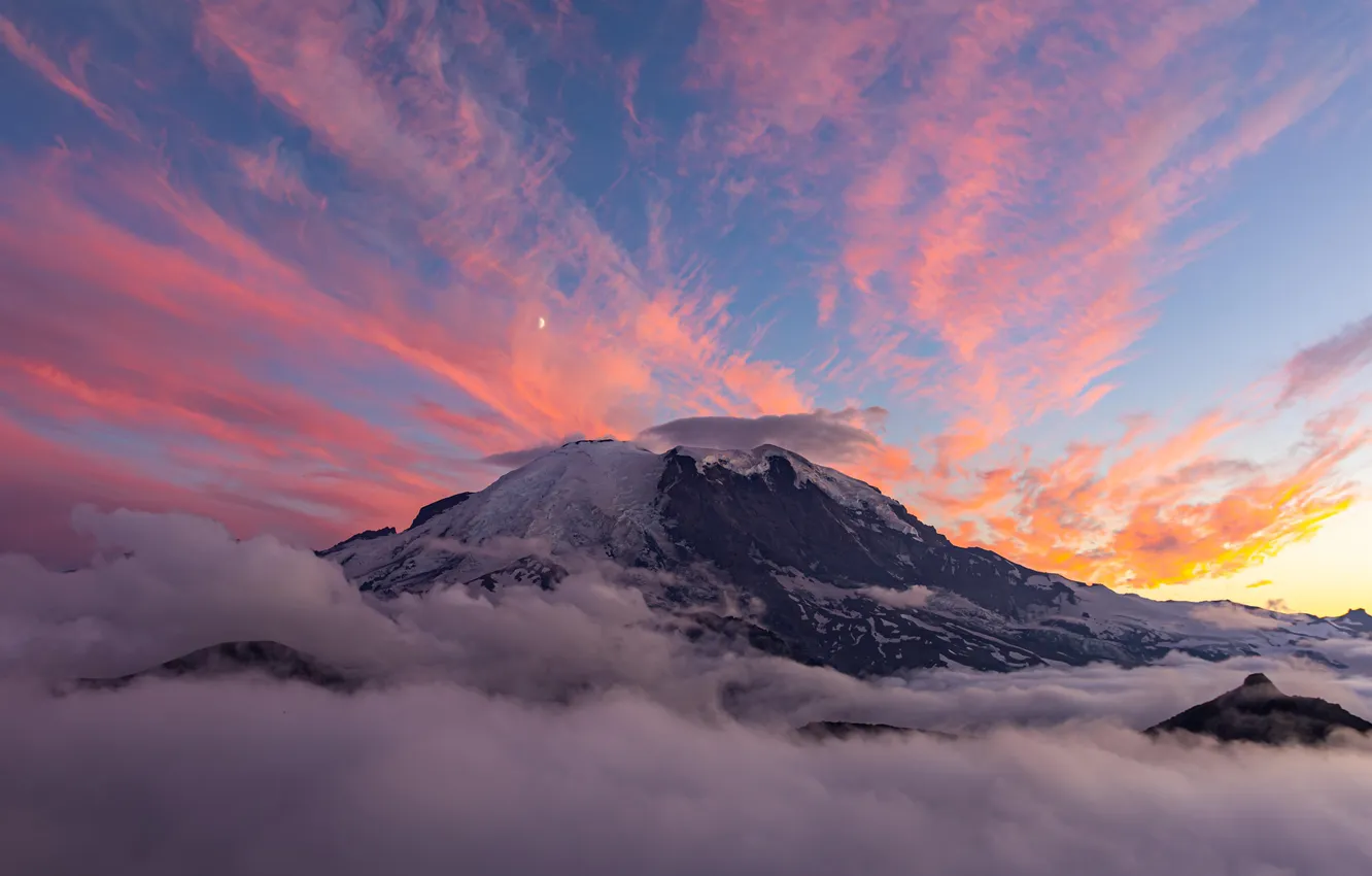 Photo wallpaper moon, sky, nature, sunset, mountains, clouds, snow, cliff