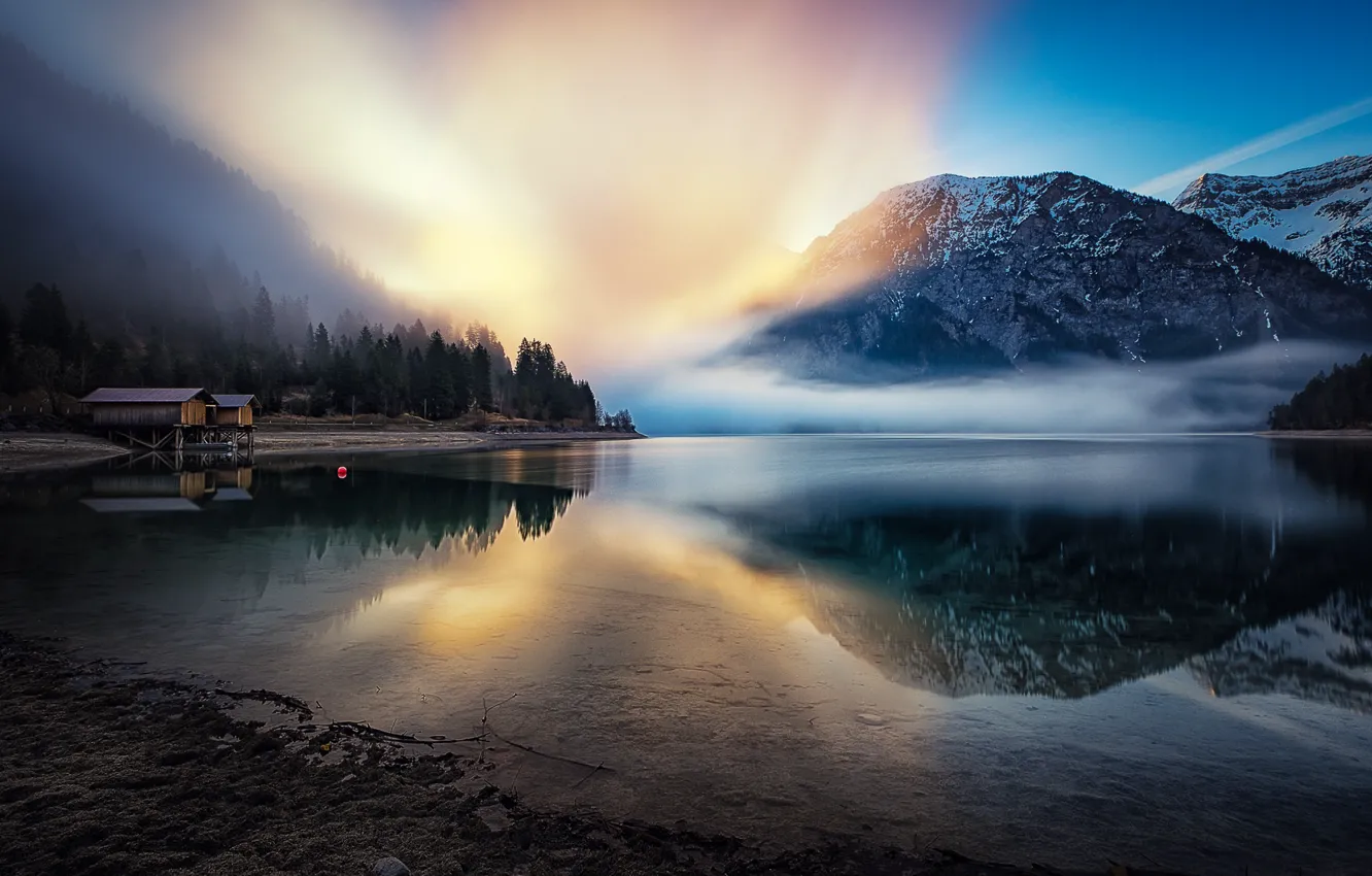 Photo wallpaper fog, lake, morning