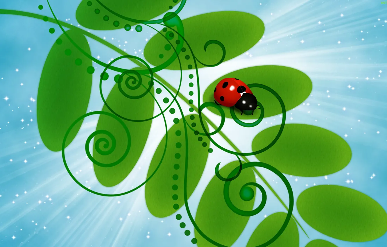 Photo wallpaper the sky, leaves, stars, rays, branches, vector, ladybug