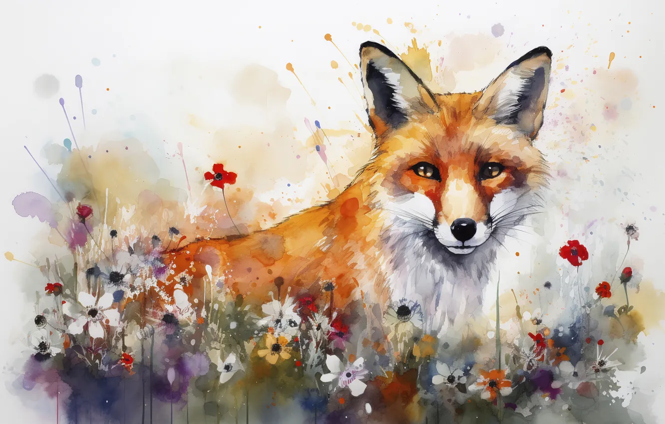 Photo wallpaper look, flowers, glade, portrait, watercolor, Fox, white background, red