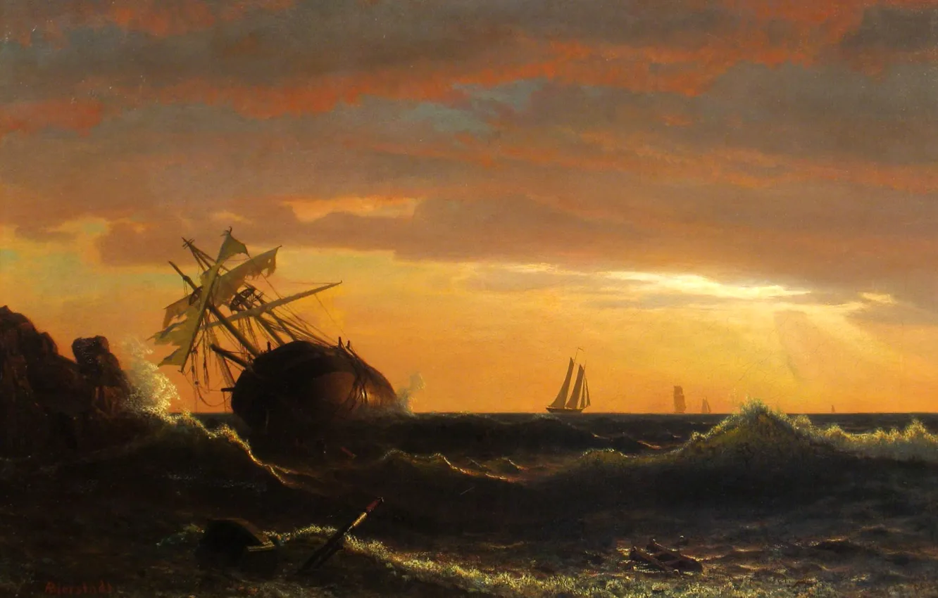 Photo wallpaper sea, wave, picture, seascape, Albert Bierstadt, The ship Broke