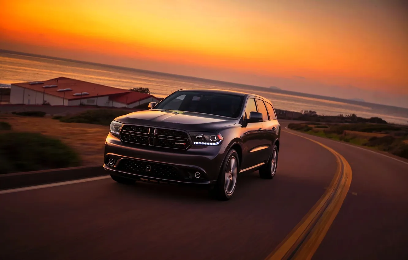 Photo wallpaper road, sea, sunset, lights, SUV, Dodge, in motion, the front
