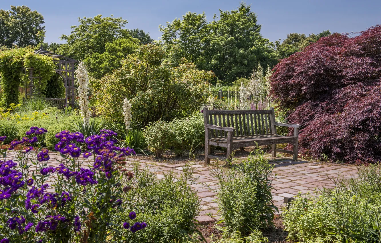 Photo wallpaper trees, flowers, bench, Germany, garden, track, gazebo, the bushes