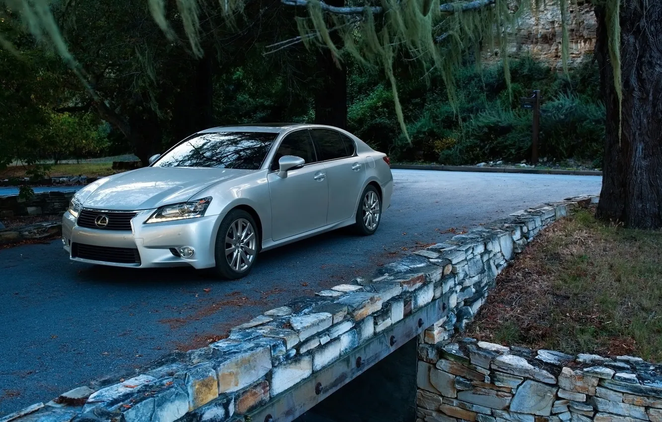 Photo wallpaper road, forest, bridge, stones, Lexus, sedan, Lexus, GS350