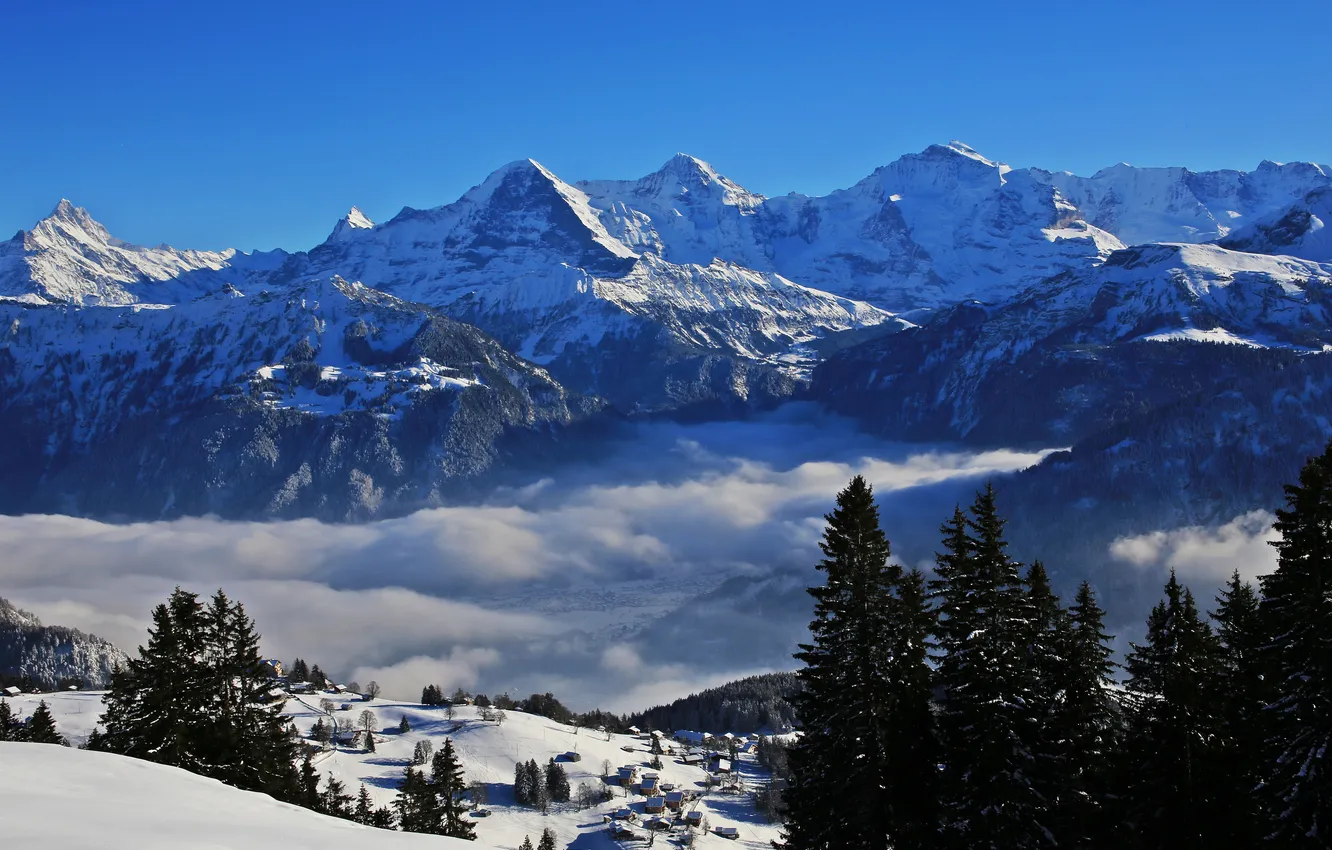 Photo wallpaper winter, clouds, snow, trees, mountains, Switzerland, gorge, house
