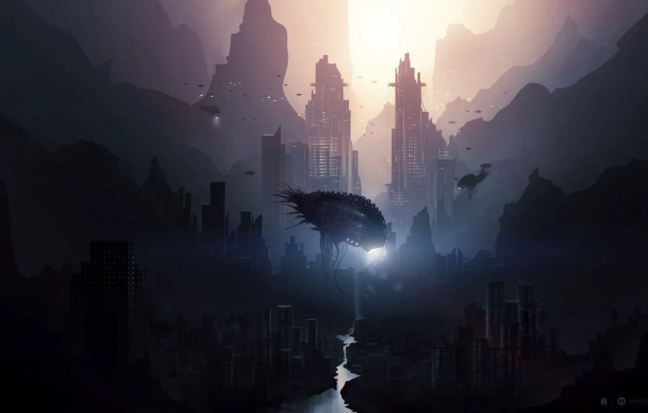 Photo wallpaper the city, darkness, river, fish, desktopography, Future, quirkiness