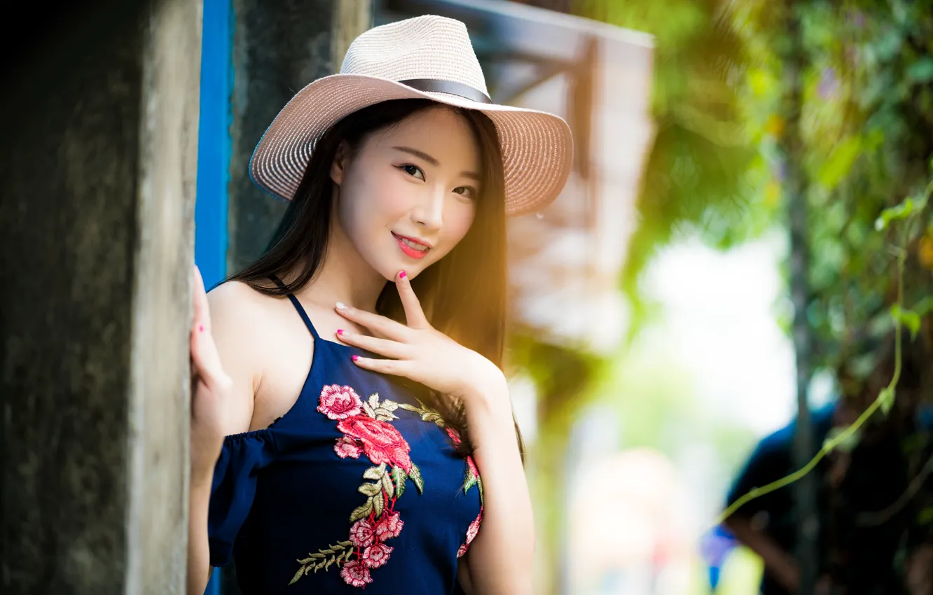 Photo wallpaper look, girl, hat, Asian
