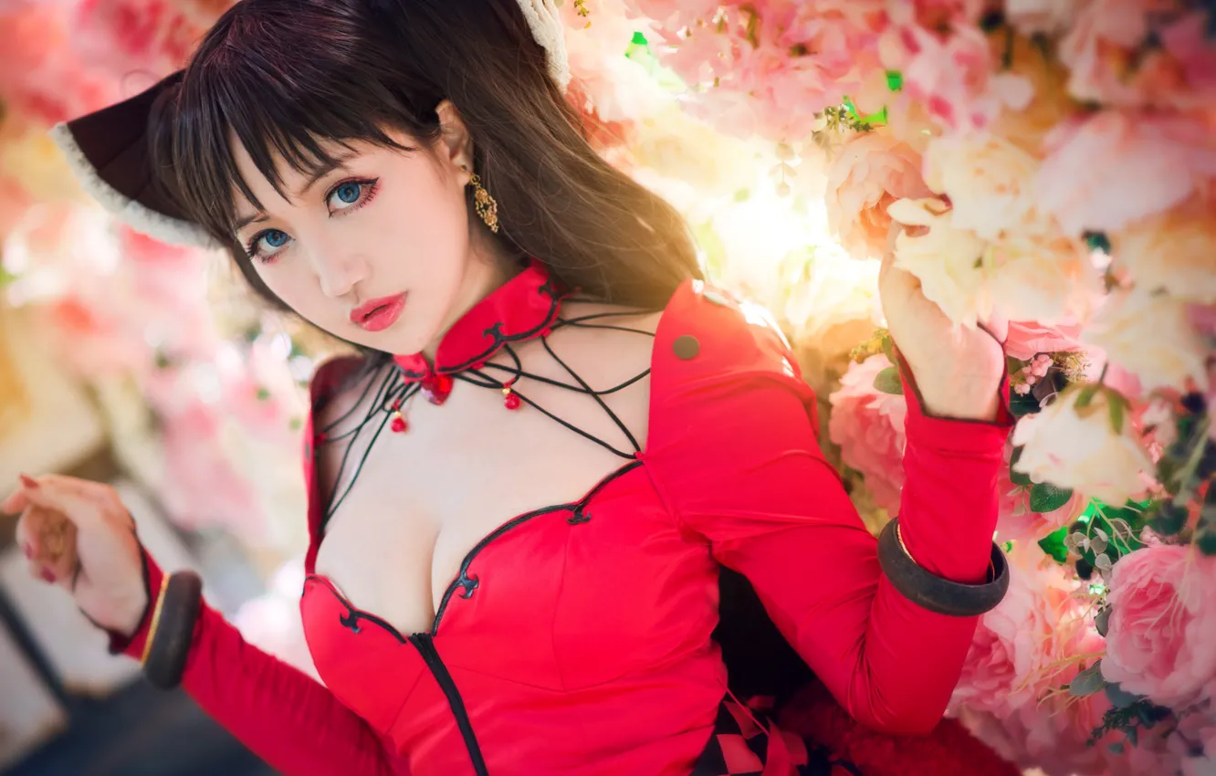 Photo wallpaper chest, look, girl, light, decoration, flowers, red, face