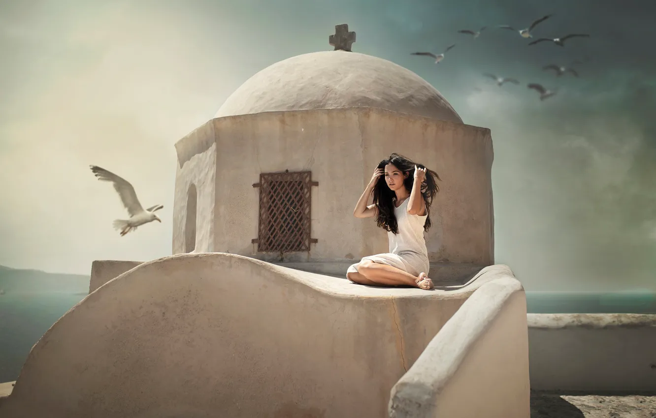 Photo wallpaper sea, girl, pose, mood, bird, seagulls, chapel