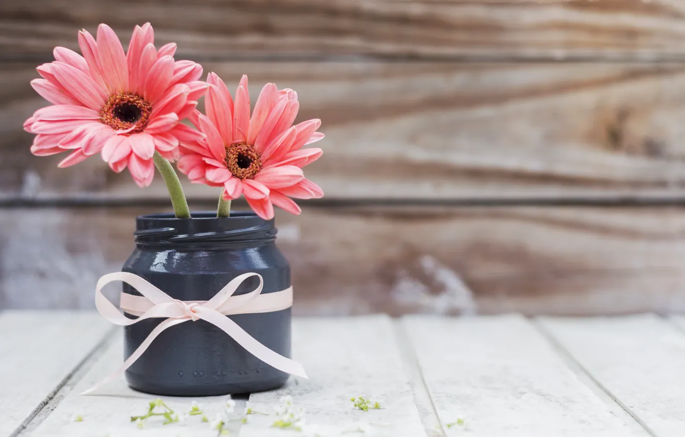 Photo wallpaper flowers, background, pair, vase, gerbera