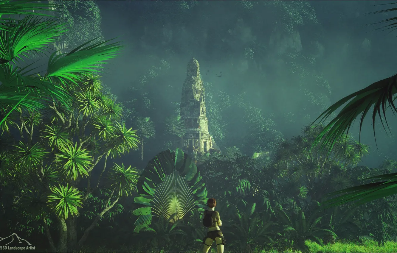 Photo wallpaper mountains, woman, construction, jungle, found