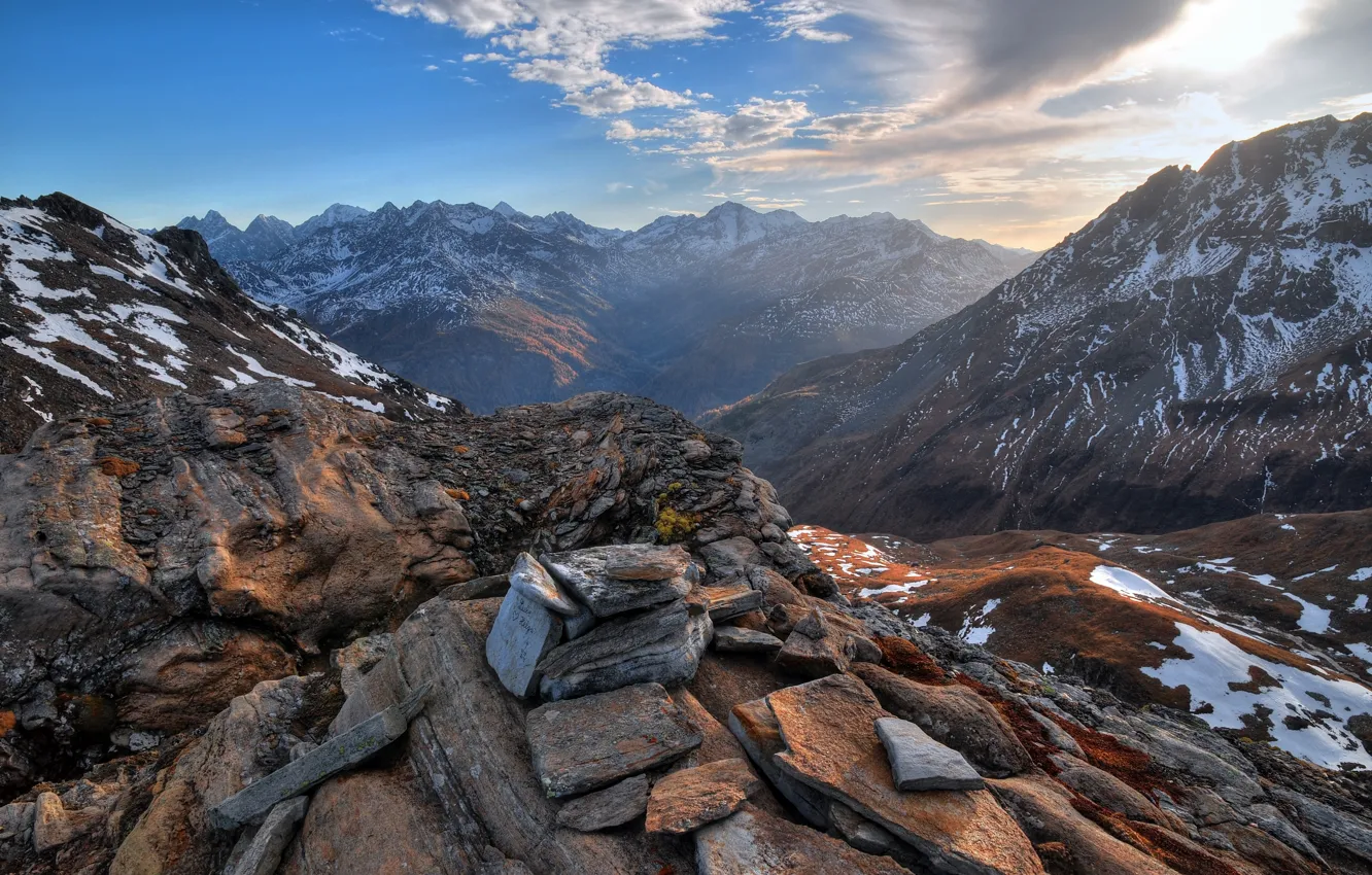 Photo wallpaper clouds, snow, mountains, stones