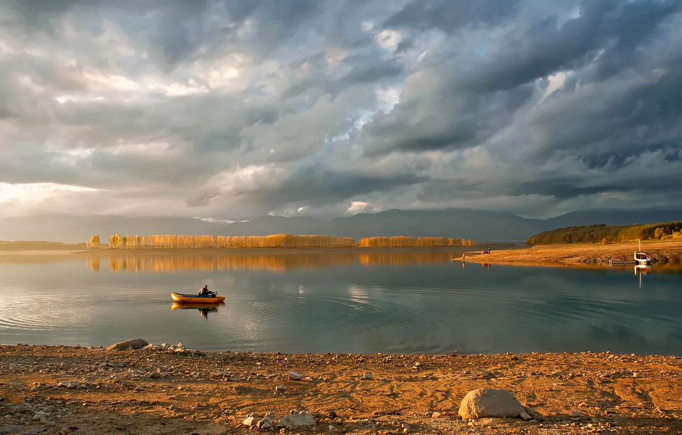 Photo wallpaper forest, mountains, lake, boat, morning