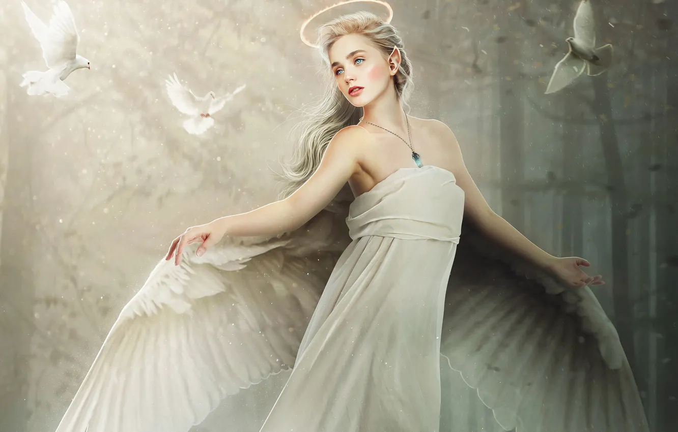 Photo wallpaper Girl, Dove, Blonde, Angel, Style, Girl, Dress, Wings