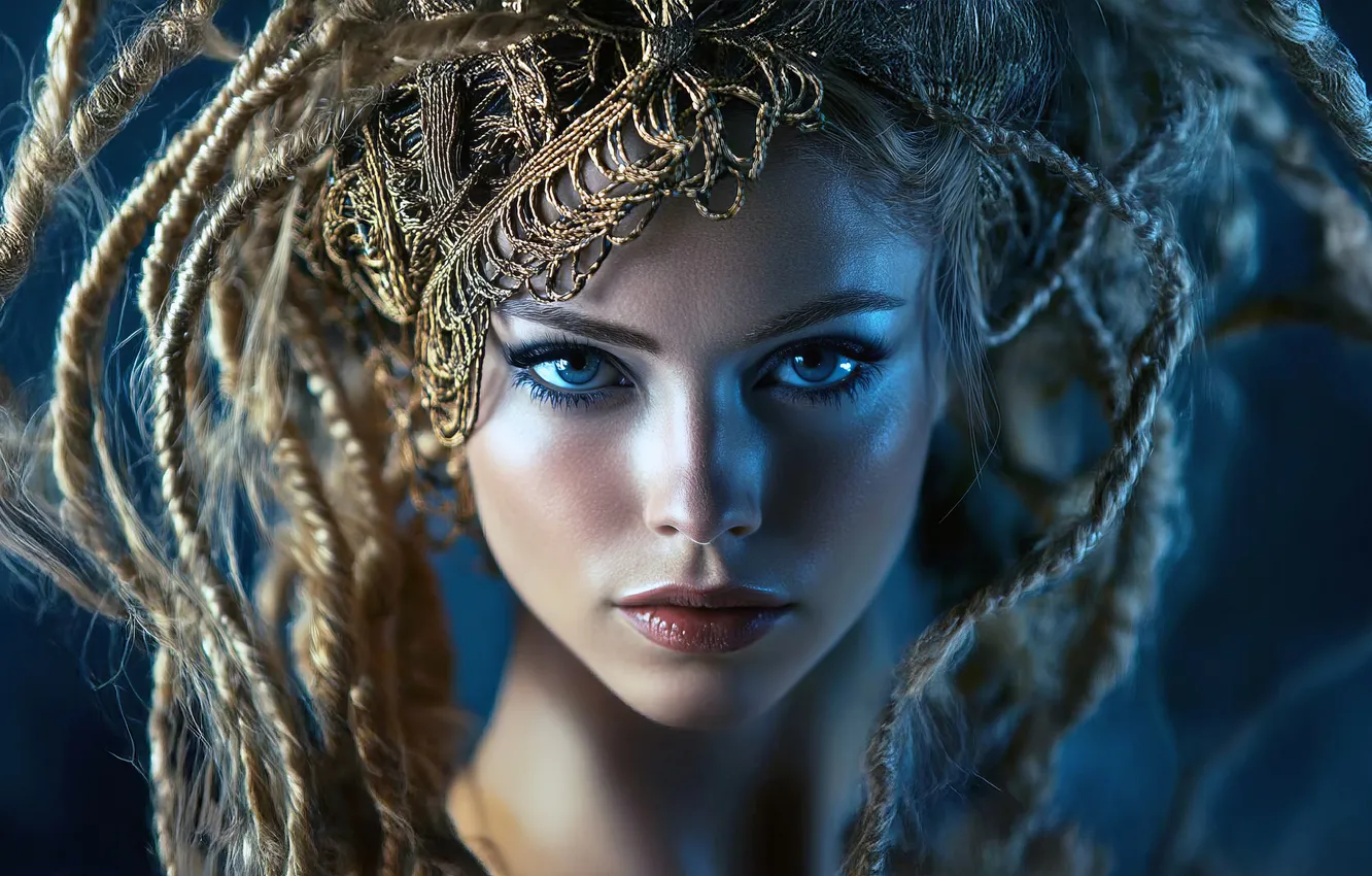 Photo wallpaper neural network, look, light, AI art, dreadlocks, fantasy girl, headdress, face