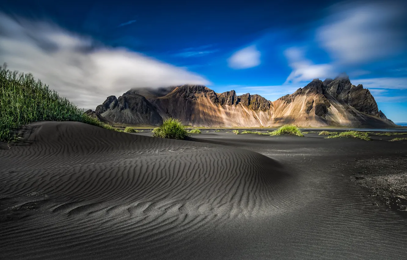 Photo wallpaper sand, grass, landscape, mountains, nature, Iceland, Vestrahorn, Westerhorn